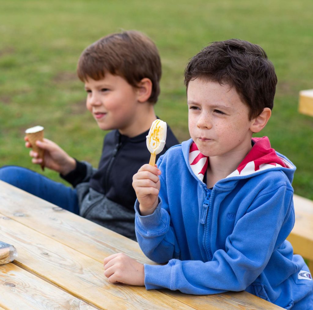 Two young brothers eating ice cream on a park bench