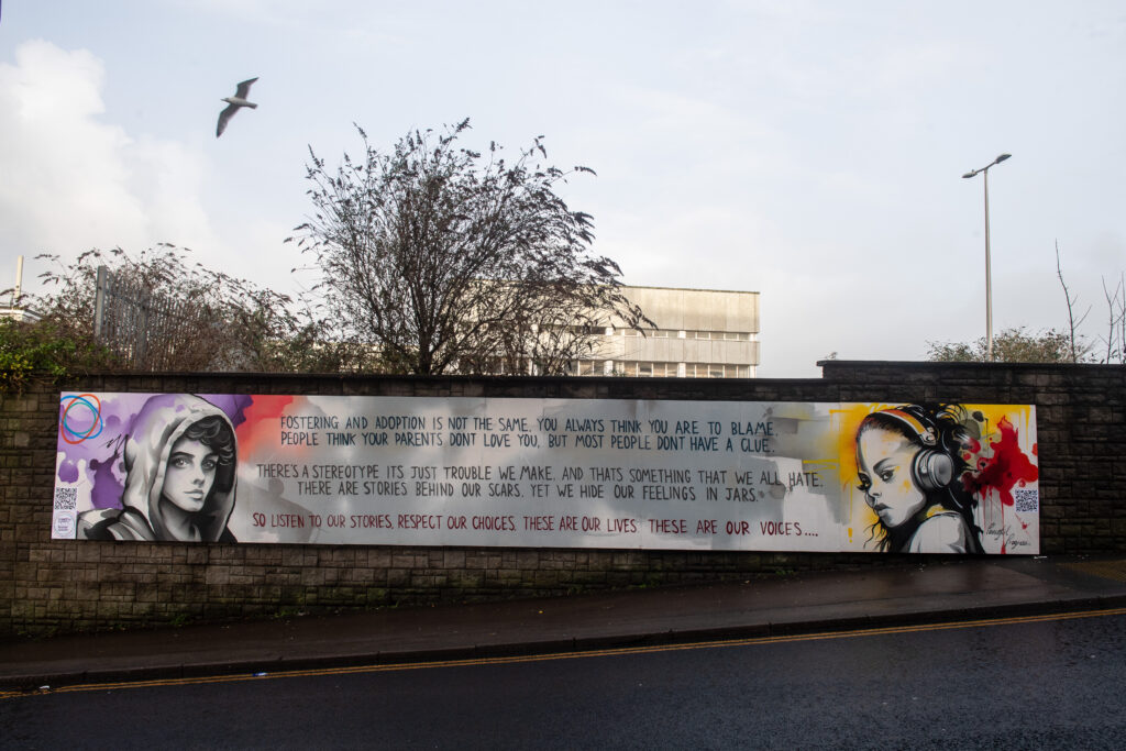 Unveiling of a Foster Wales mural in Bridgend town centre depicting the words of teenagers in care that was penned in conjunction with former Wales Children’s Poet Laurate Connor Allen.